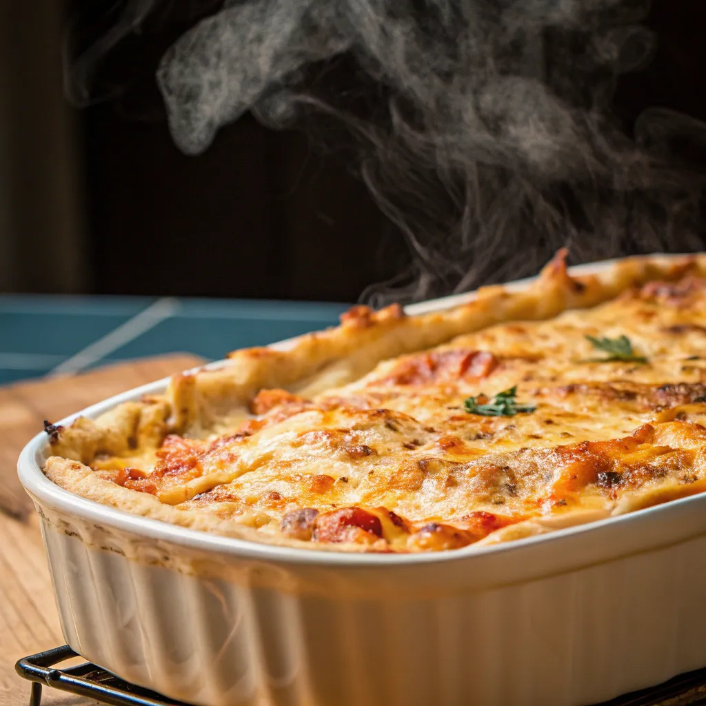Close-up of an elegantly arranged dish straight from the oven